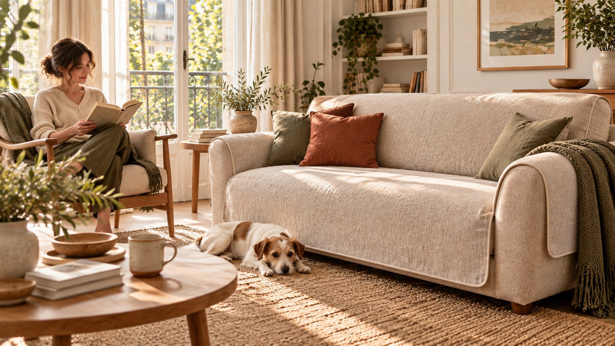 Illustration : chien au repos près d’un canapé recouvert dans un salon lumineux