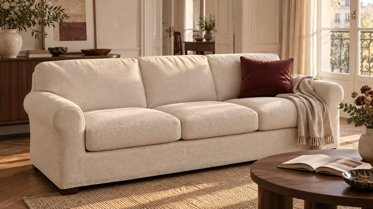 Illustration d’un canapé trois places recouvert d’une housse crème, avec un coussin bordeaux