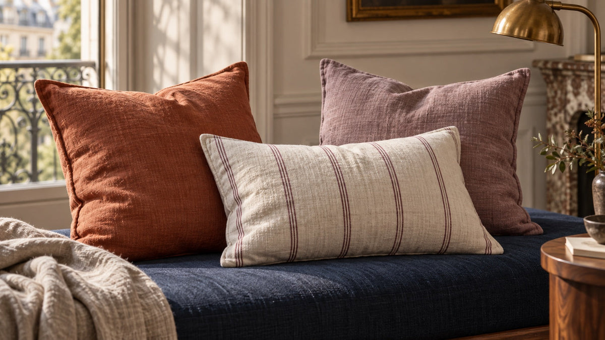 Illustration : coussins décoratifs en lin terracotta, prune et écru sur une banquette bleu nuit