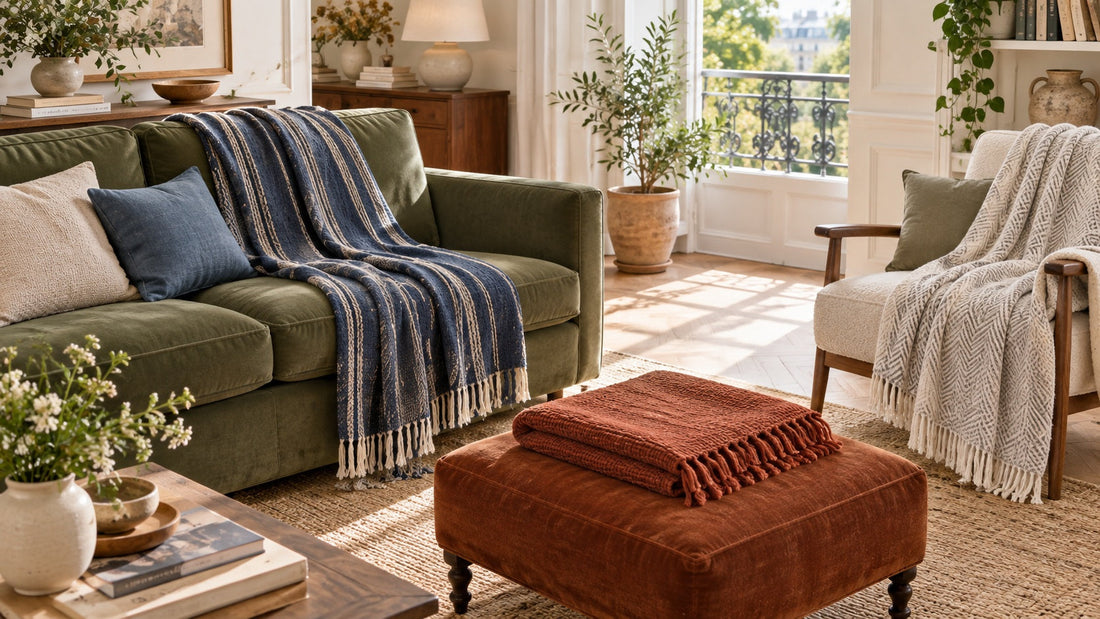 Illustration : plaids de différentes tailles disposés sur canapé, fauteuil et repose-pieds