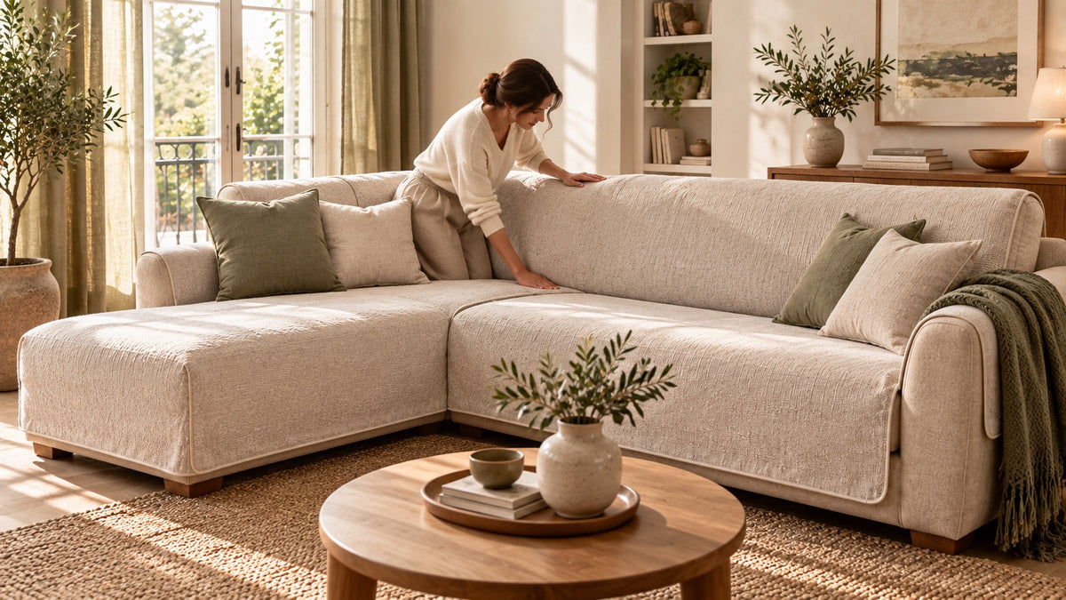 Illustration : pose d’une housse textile sur un canapé d’angle