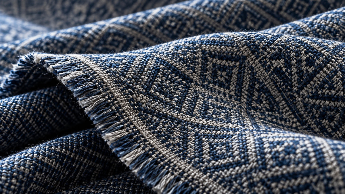 Illustration de plis de jacquard bleu et argent, avec les fils du motif visibles