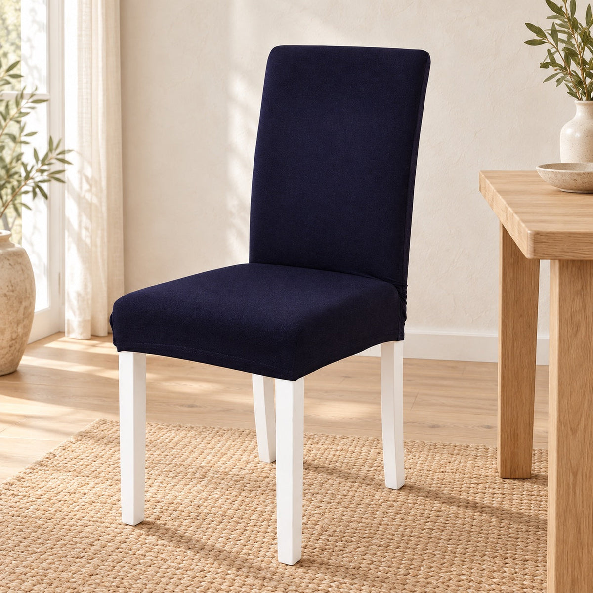 Chaise habillée d’une housse bleu marine dans une salle à manger lumineuse
