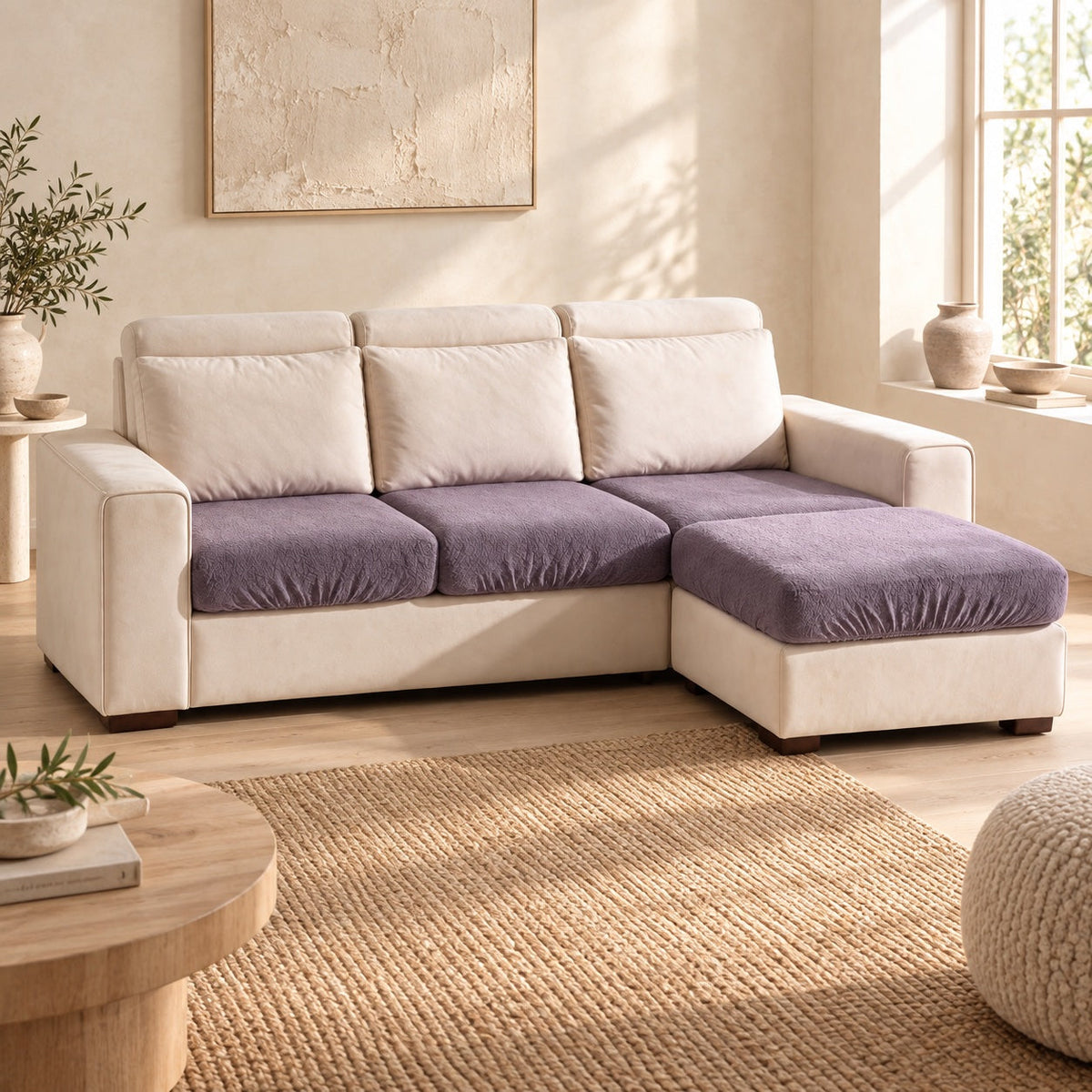 Housses de coussins de canapé imperméables violettes sur des assises crème