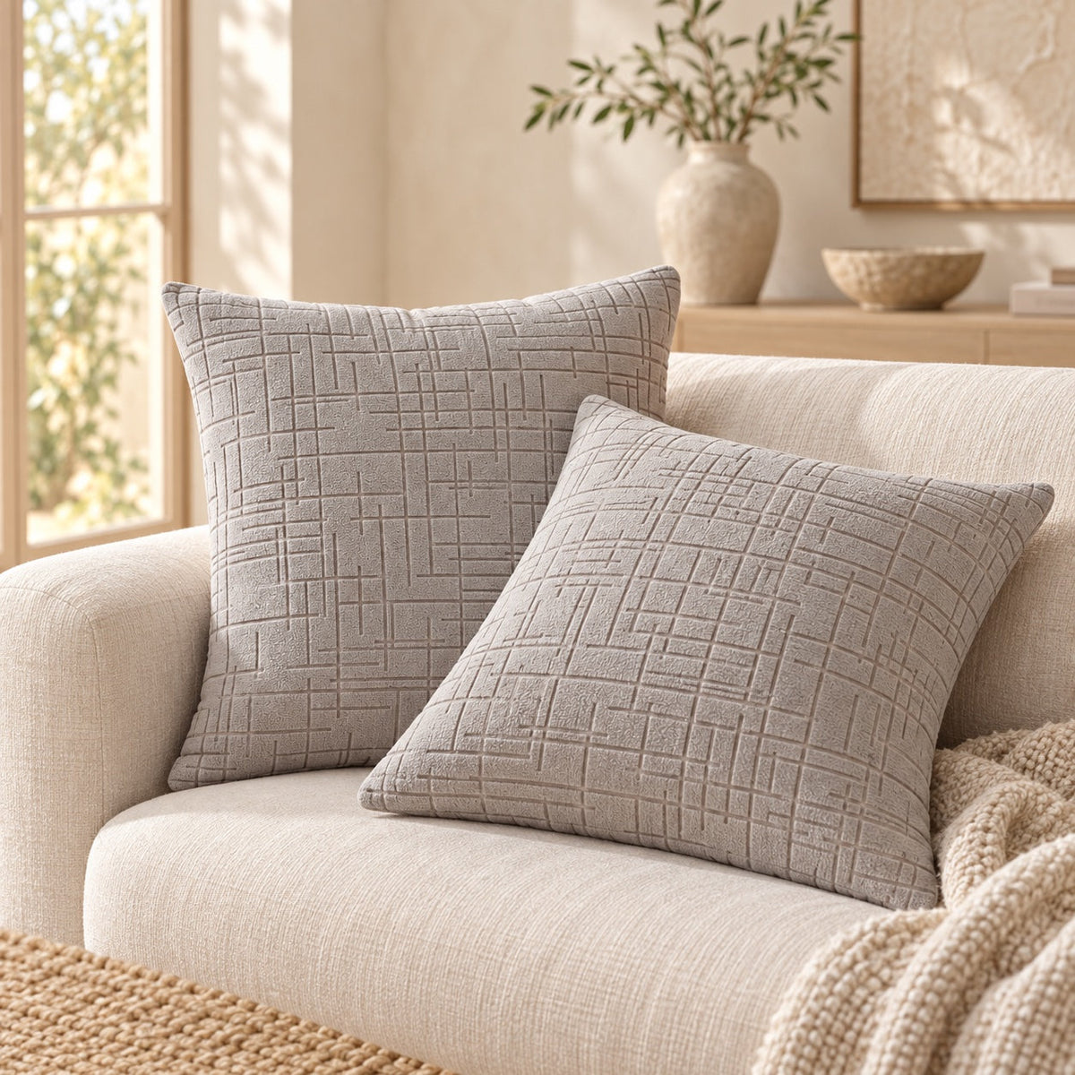Housses de coussin décoratif Arquette gris nuage dans un salon crème