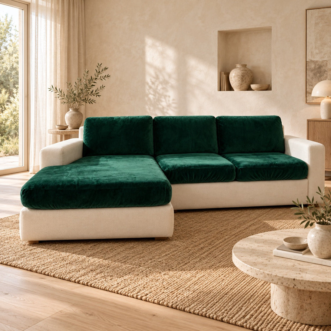 Housses de coussins de canapé en velours vert foncé sur une structure crème