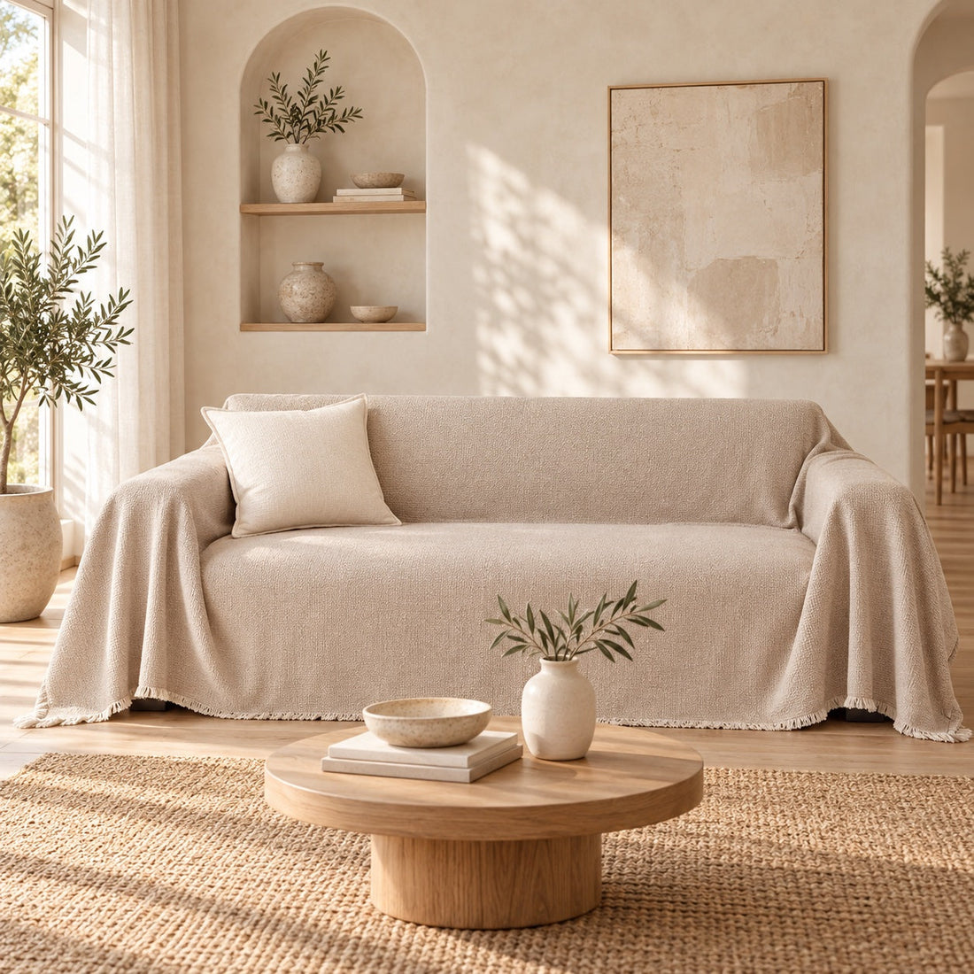 Jeté de canapé beige thé au lait drapé sur un canapé dans un intérieur lumineux