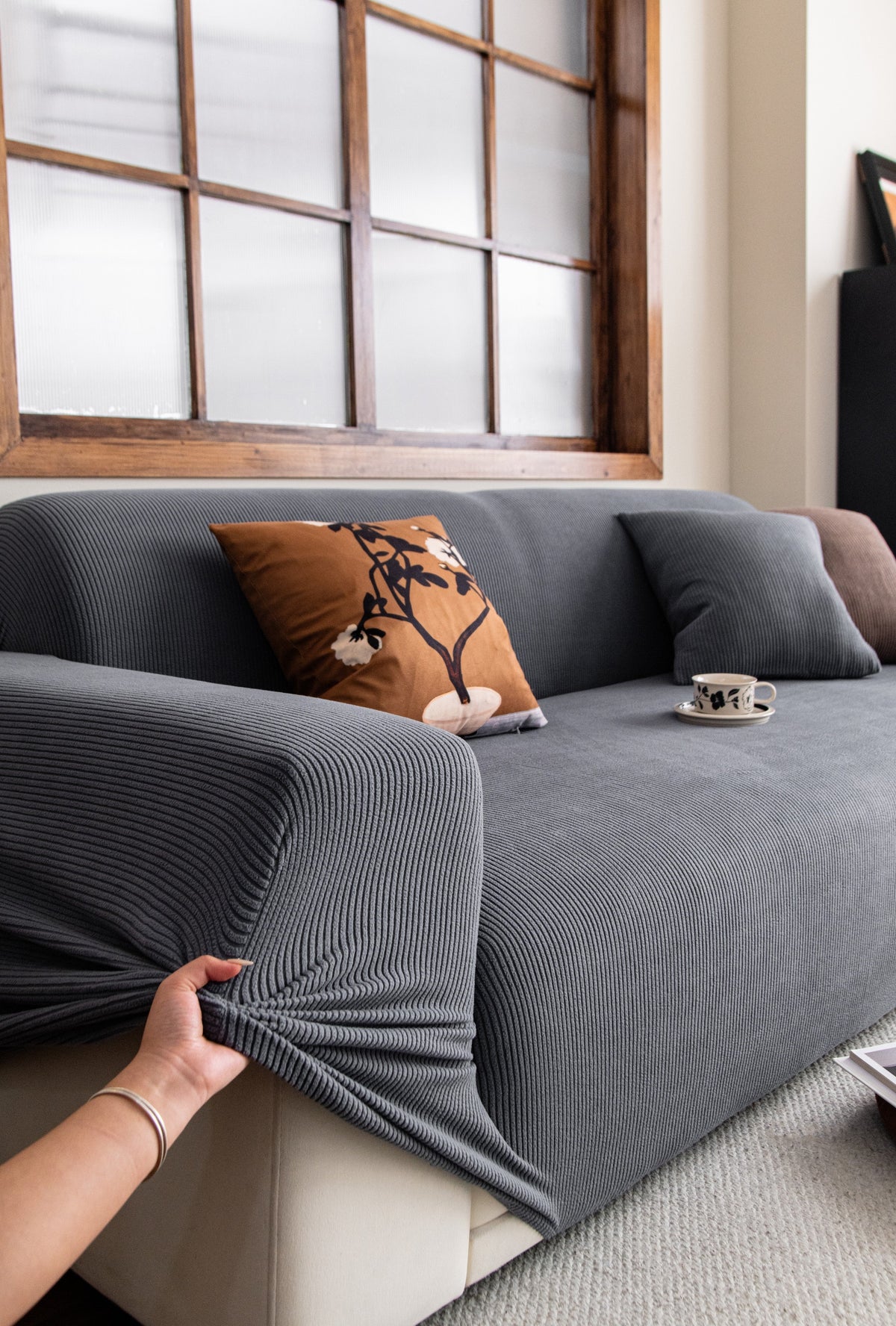 Housse de canapé Cordelle · Gris · Extensible (vue 3)