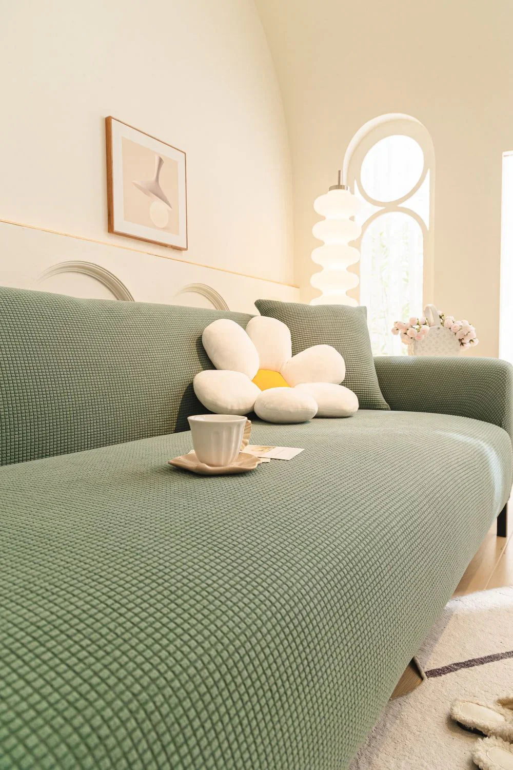 Housse de canapé Jacquard · Vert sauge · Extensible (vue 3)