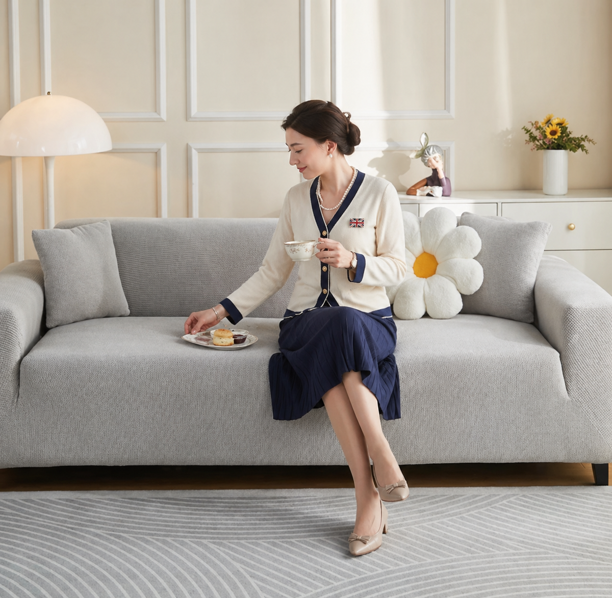 Housse de canapé Jacquard · Gris clair · Extensible (vue 5)