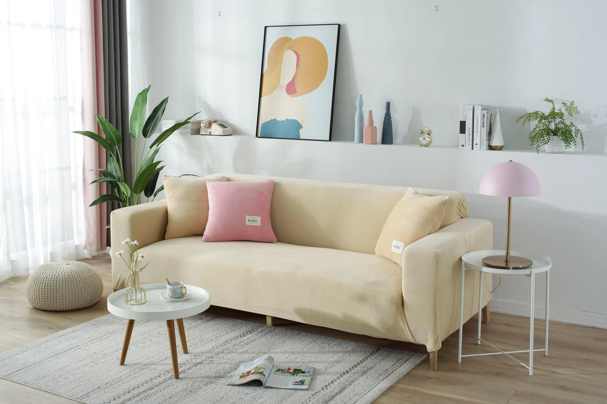 Housse de canapé Velours · Beige · Extensible (vue 2)
