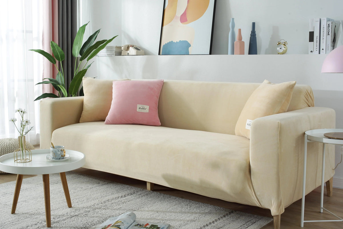 Housse de canapé Velours · Beige · Extensible (vue 3)