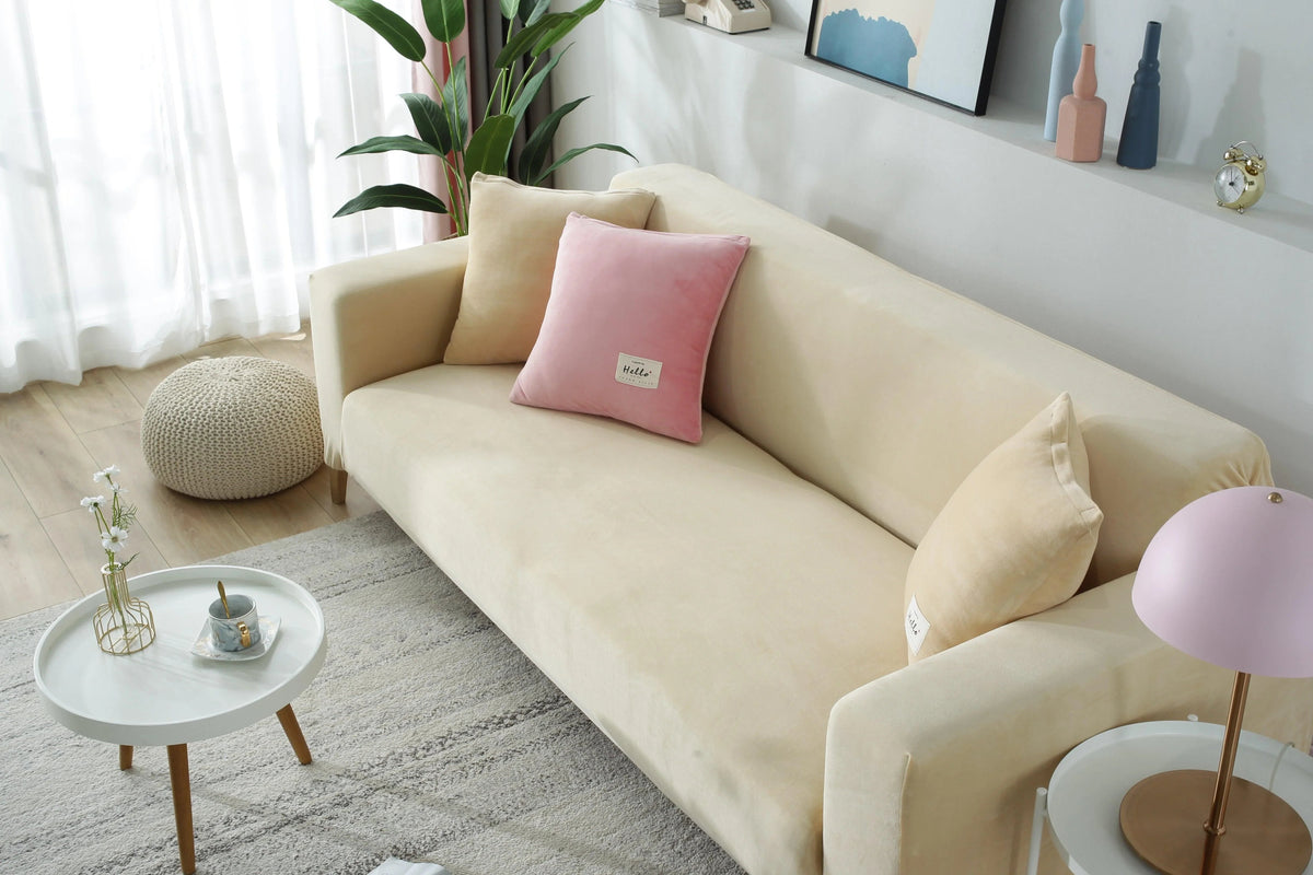 Housse de canapé Velours · Beige · Extensible (vue 4)