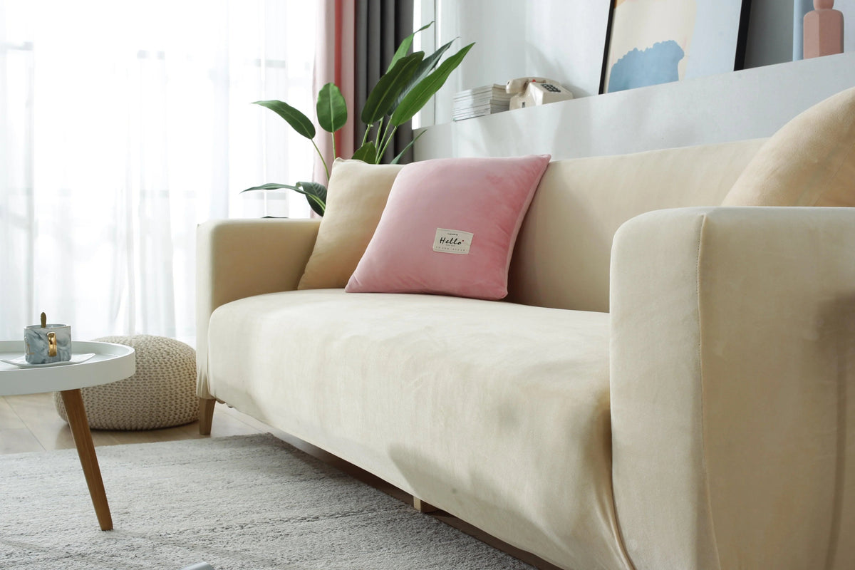 Housse de canapé Velours · Beige · Extensible (vue 5)