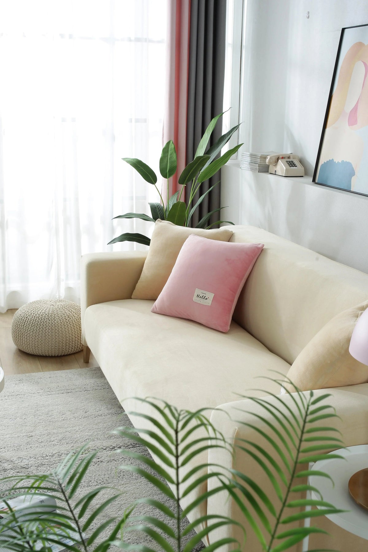 Housse de canapé Velours · Beige · Extensible (vue 7)