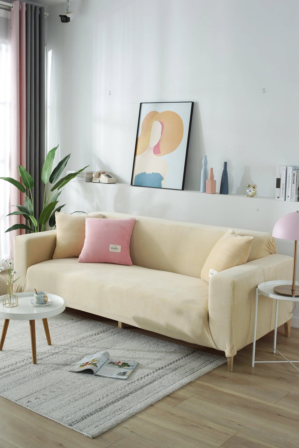 Housse de canapé Velours · Beige · Extensible (vue 8)