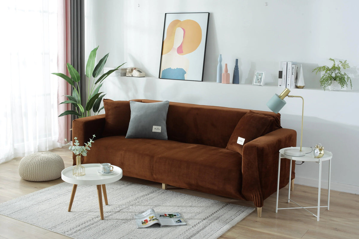 Housse de canapé Velours · Marron · Extensible (vue 6)