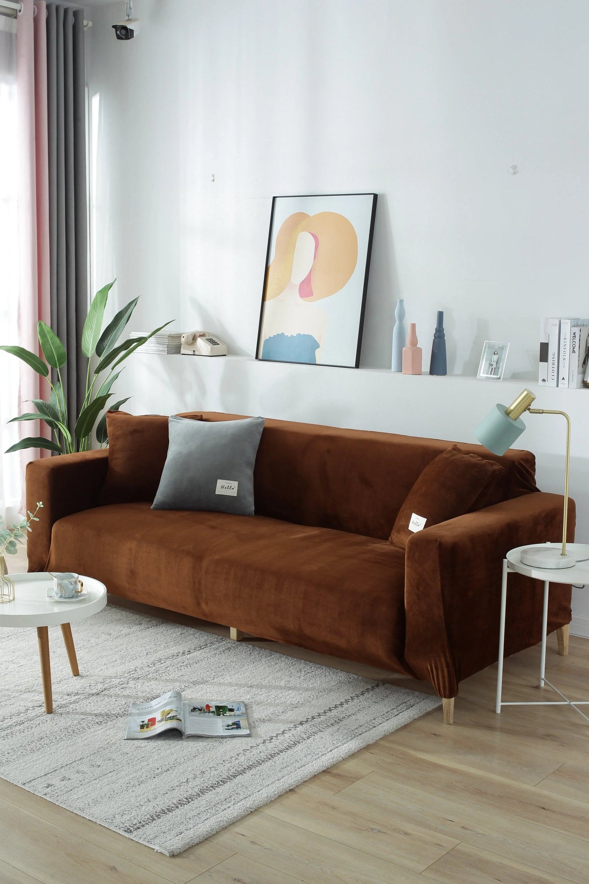 Housse de canapé Velours · Marron · Extensible (vue 7)
