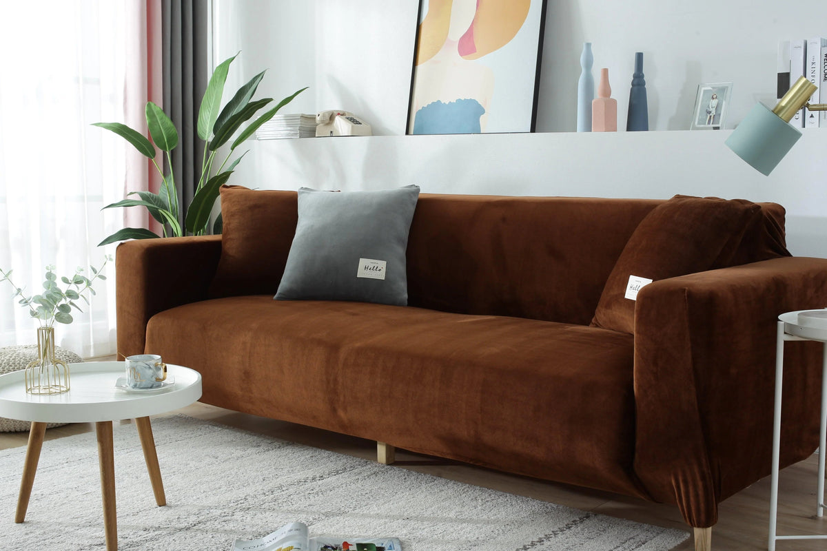 Housse de canapé Velours · Marron · Extensible (vue 8)