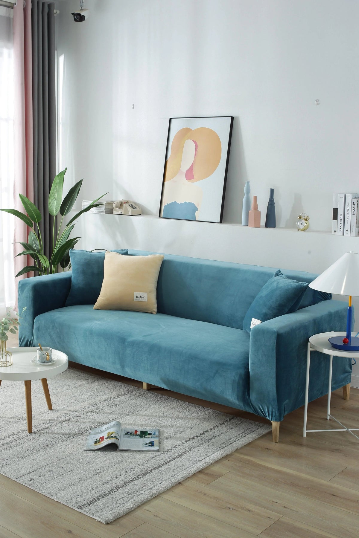 Housse de canapé Velours · Bleu lagon · Extensible (vue 10)