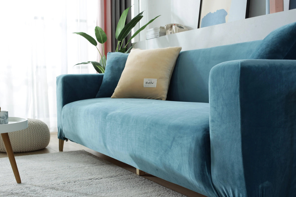 Housse de canapé Velours · Bleu lagon · Extensible (vue 6)