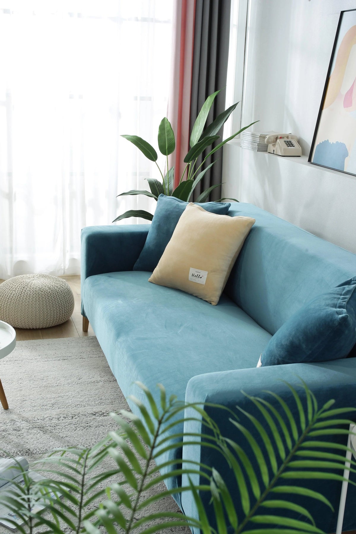 Housse de canapé Velours · Bleu lagon · Extensible (vue 9)