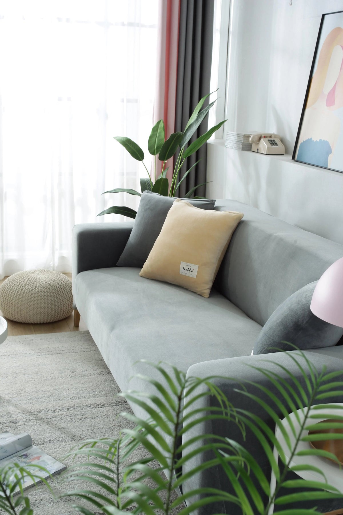 Housse de canapé Velours · Gris clair · Extensible