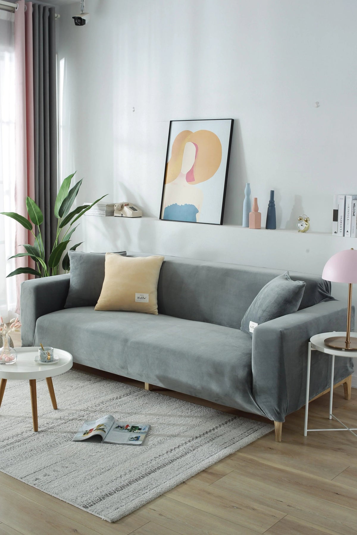 Housse de canapé Velours · Gris clair · Extensible (vue 3)