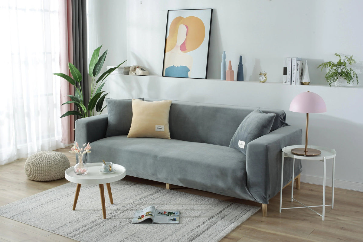 Housse de canapé Velours · Gris clair · Extensible (vue 4)