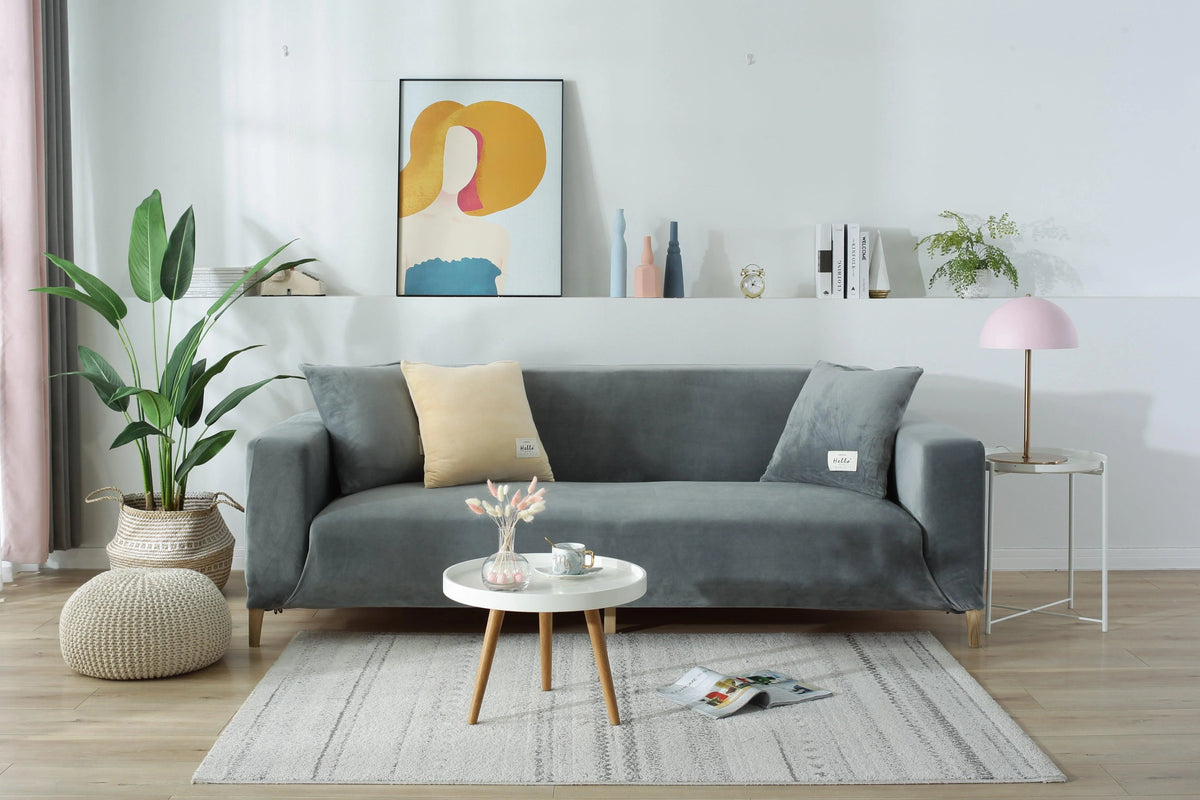 Housse de canapé Velours · Gris clair · Extensible (vue 5)