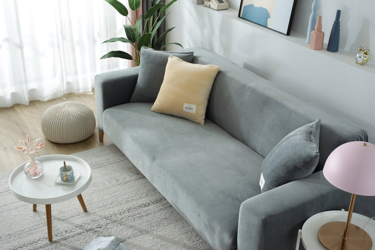 Housse de canapé Velours · Gris clair · Extensible (vue 7)