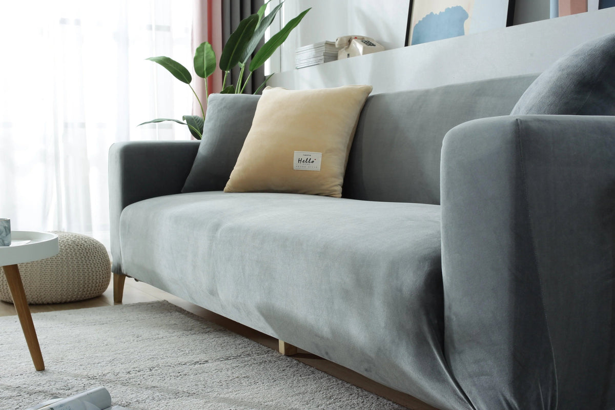 Housse de canapé Velours · Gris clair · Extensible (vue 8)