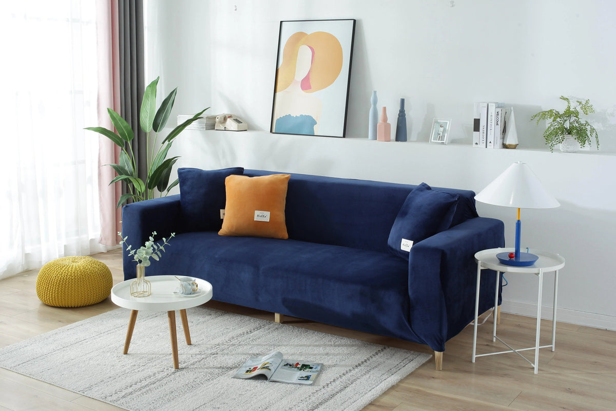 Housse de canapé Velours · Bleu marine · Extensible (vue 3)