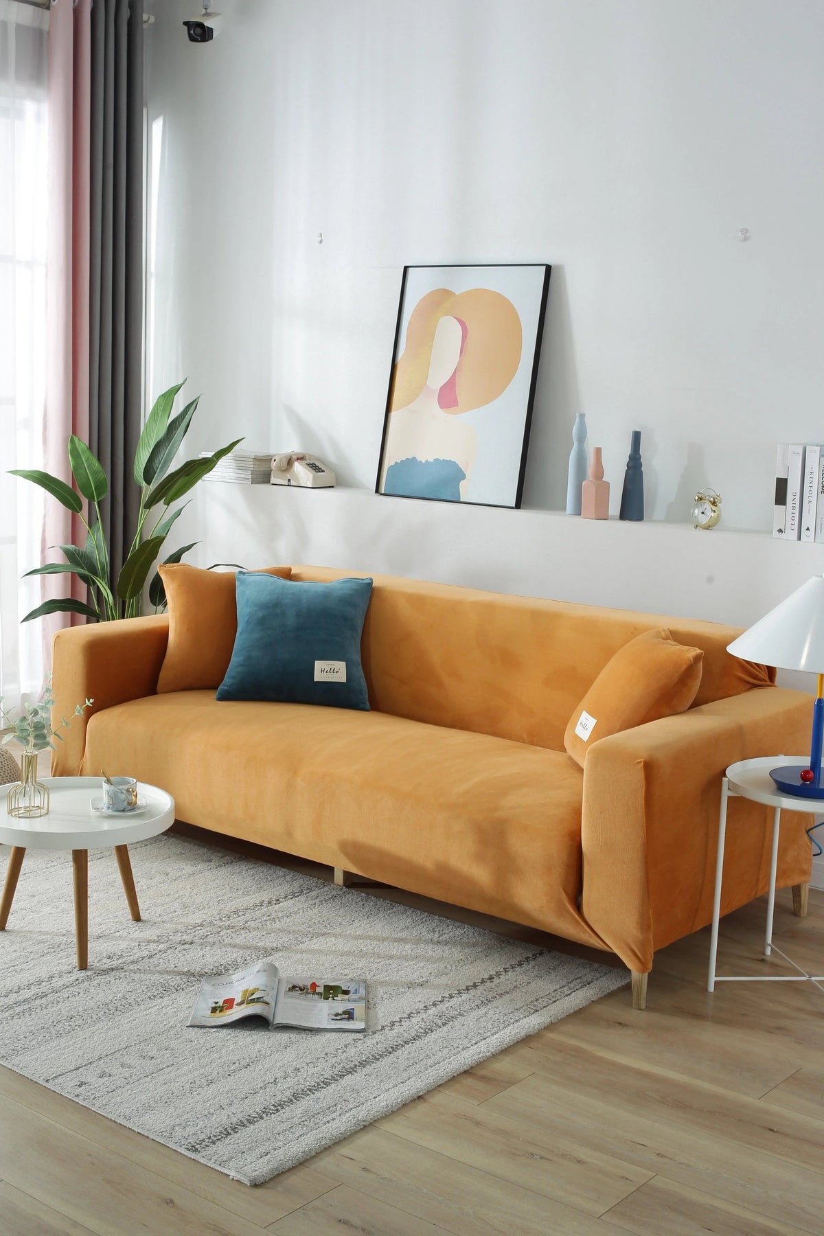 Housse de canapé Velours · Orange · Extensible (vue 9)