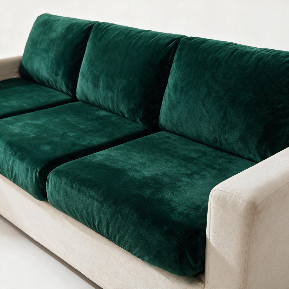 Housse de coussin de canapé Velours · Vert foncé · Extensible — Le tissu et l’ajustement en détail