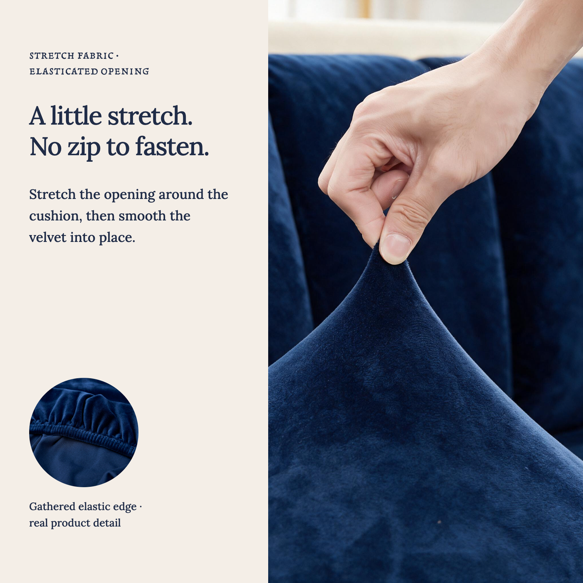 Housse de coussin de canapé Velours · Bleu marine · Extensible — Un tissu extensible, sans fermeture éclair