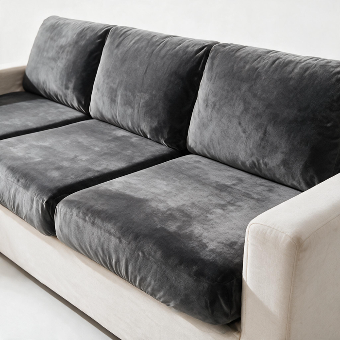 Housse de coussin de canapé Velours · Gris · Extensible — Le tissu et l’ajustement en détail