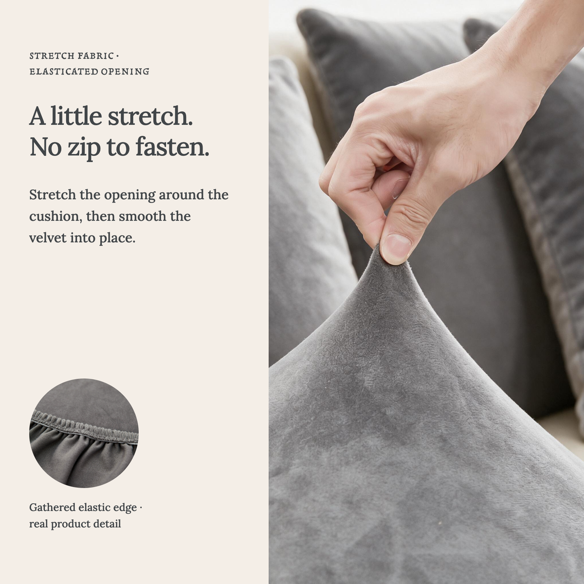 Housse de coussin de canapé Velours · Gris clair · Extensible — Un tissu extensible, sans fermeture éclair