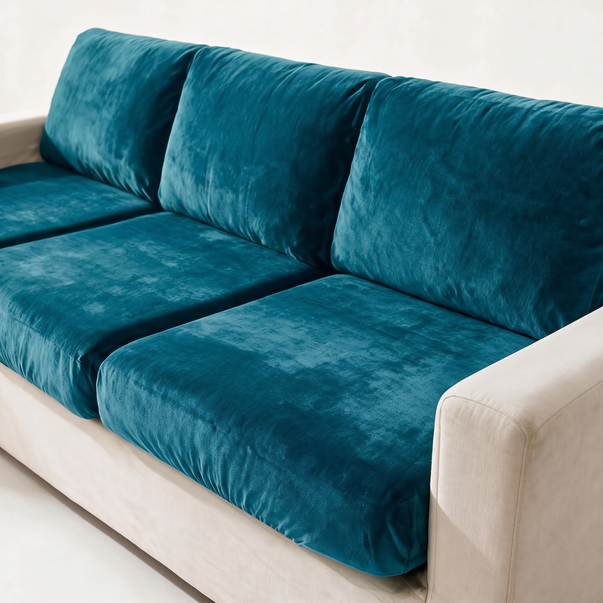 Housse de coussin de canapé Velours · Bleu lagon · Extensible — Le tissu et l’ajustement en détail