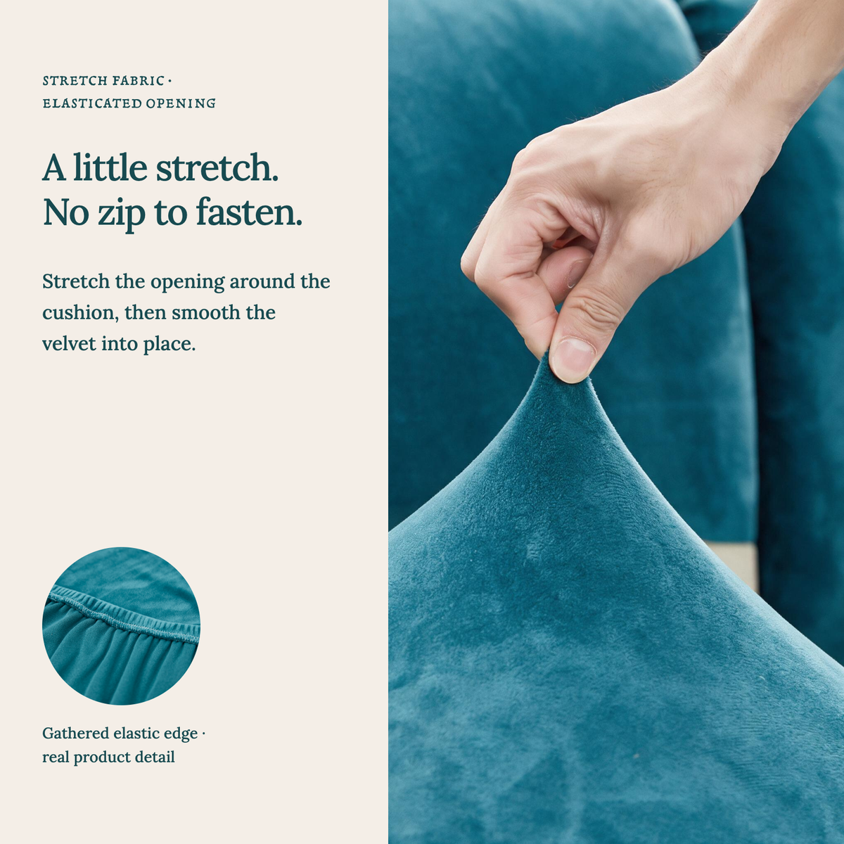 Housse de coussin de canapé Velours · Bleu lagon · Extensible — Un tissu extensible, sans fermeture éclair
