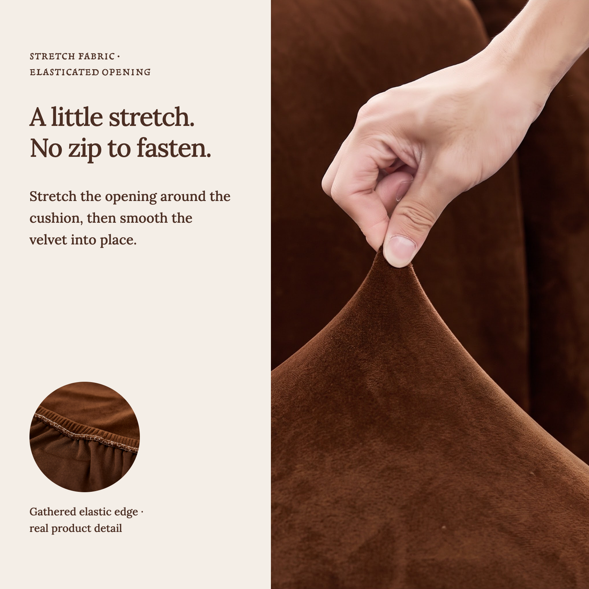 Housse de coussin de canapé Velours · Marron · Extensible — Un tissu extensible, sans fermeture éclair