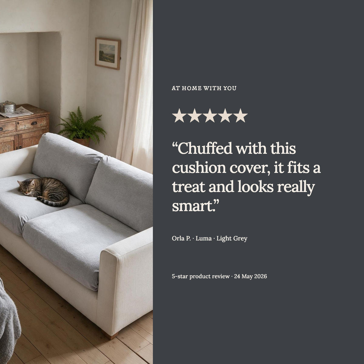 Housse de coussin de canapé Luma · Gris clair · Extensible — Un exemple d’avis client