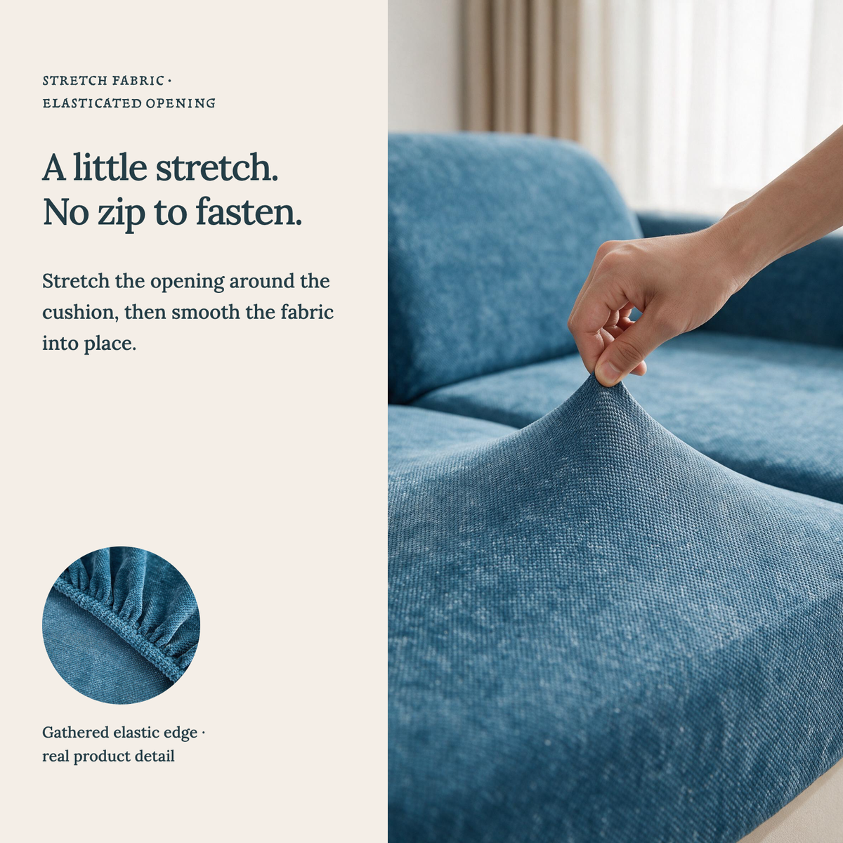 Housse de coussin de canapé Luma · Bleu pétrole · Extensible — Un tissu extensible, sans fermeture éclair