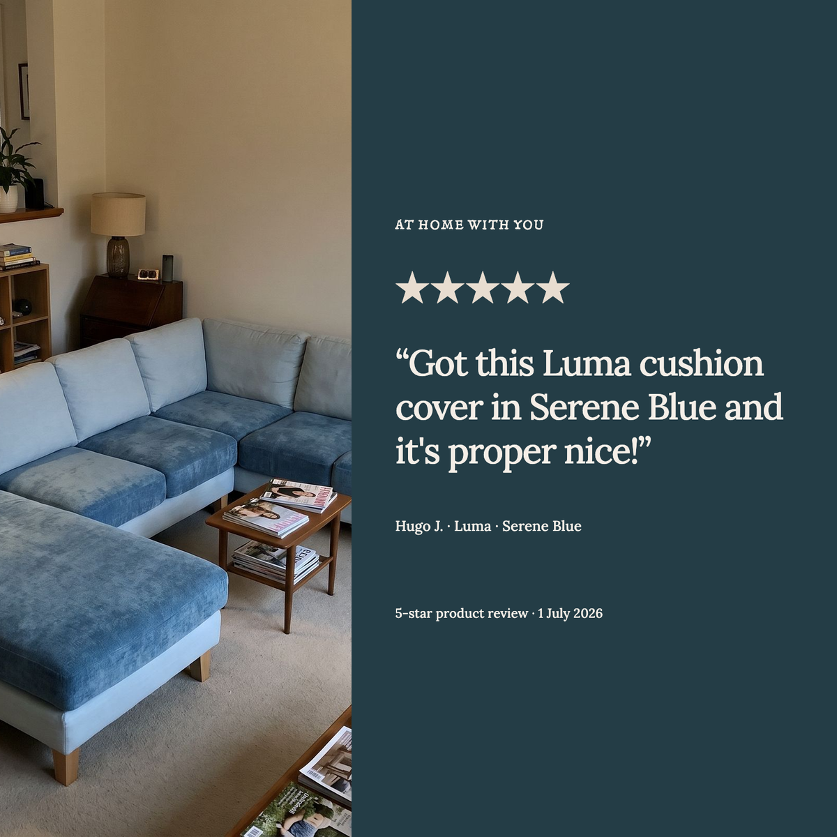 Housse de coussin de canapé Luma · Bleu pétrole · Extensible — Un exemple d’avis client