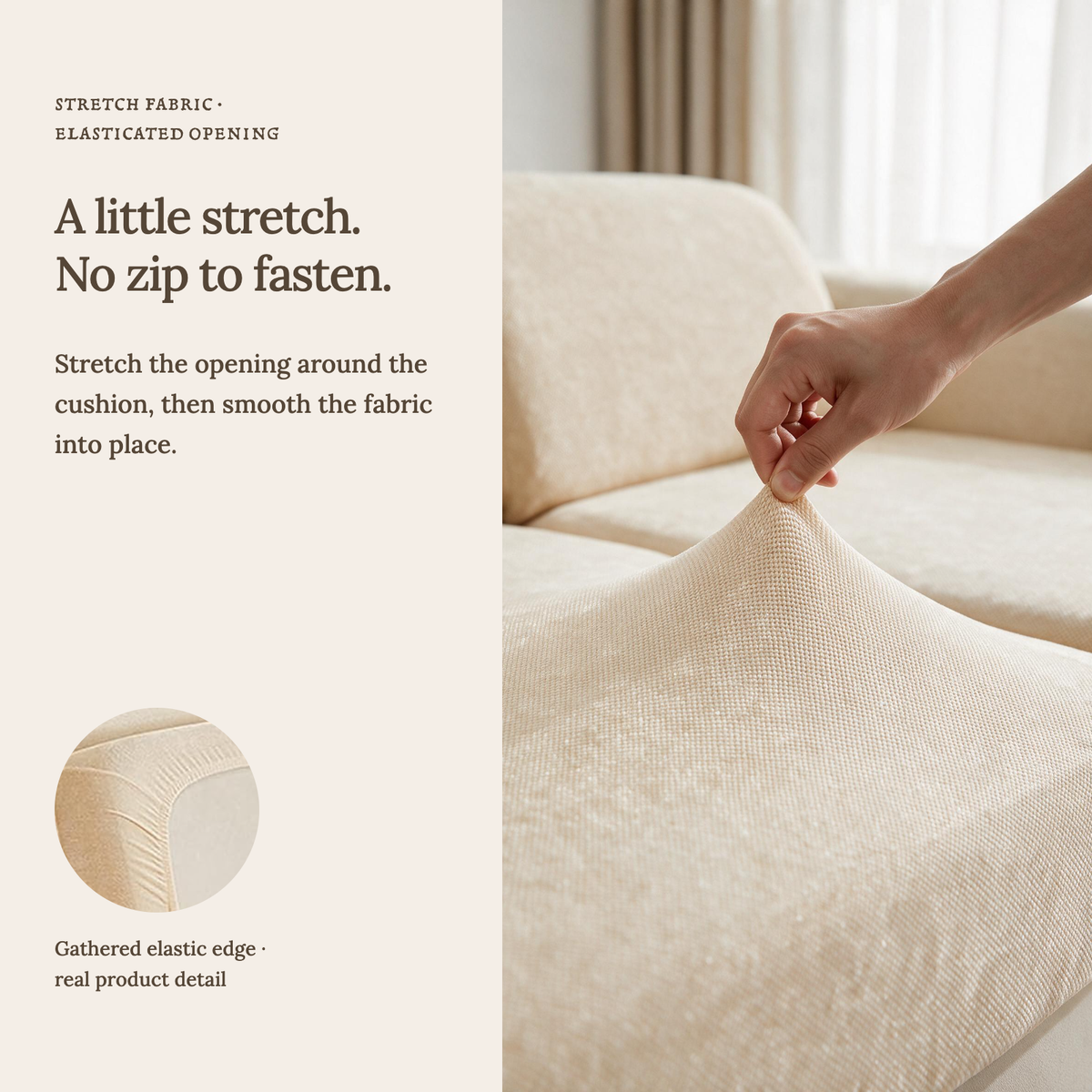 Housse de coussin de canapé Luma · Beige · Extensible — Un tissu extensible, sans fermeture éclair