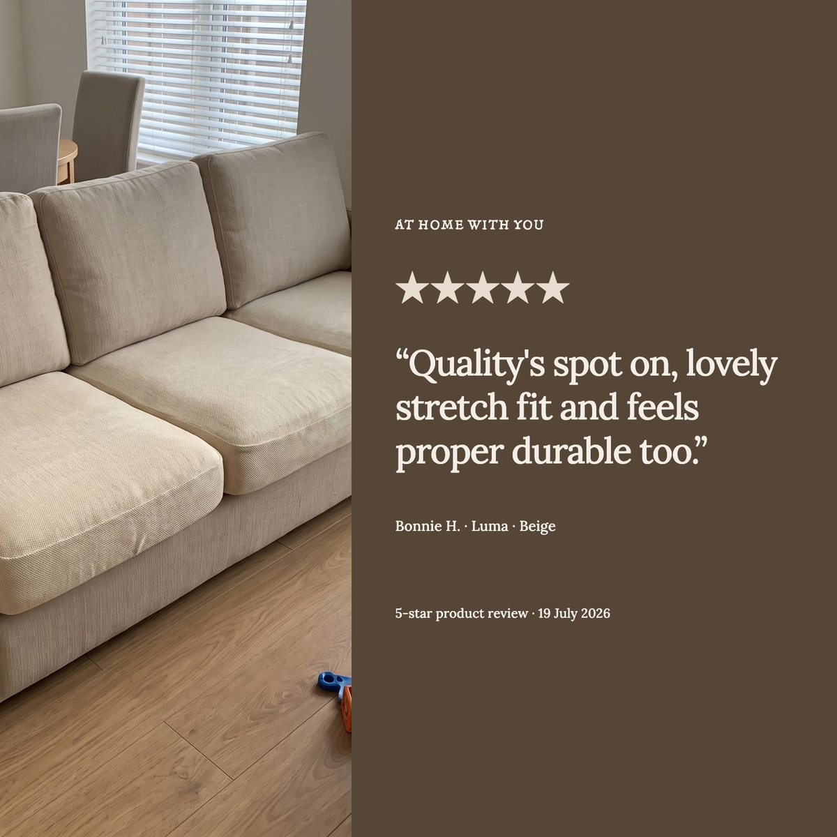 Housse de coussin de canapé Luma · Beige · Extensible — Un exemple d’avis client