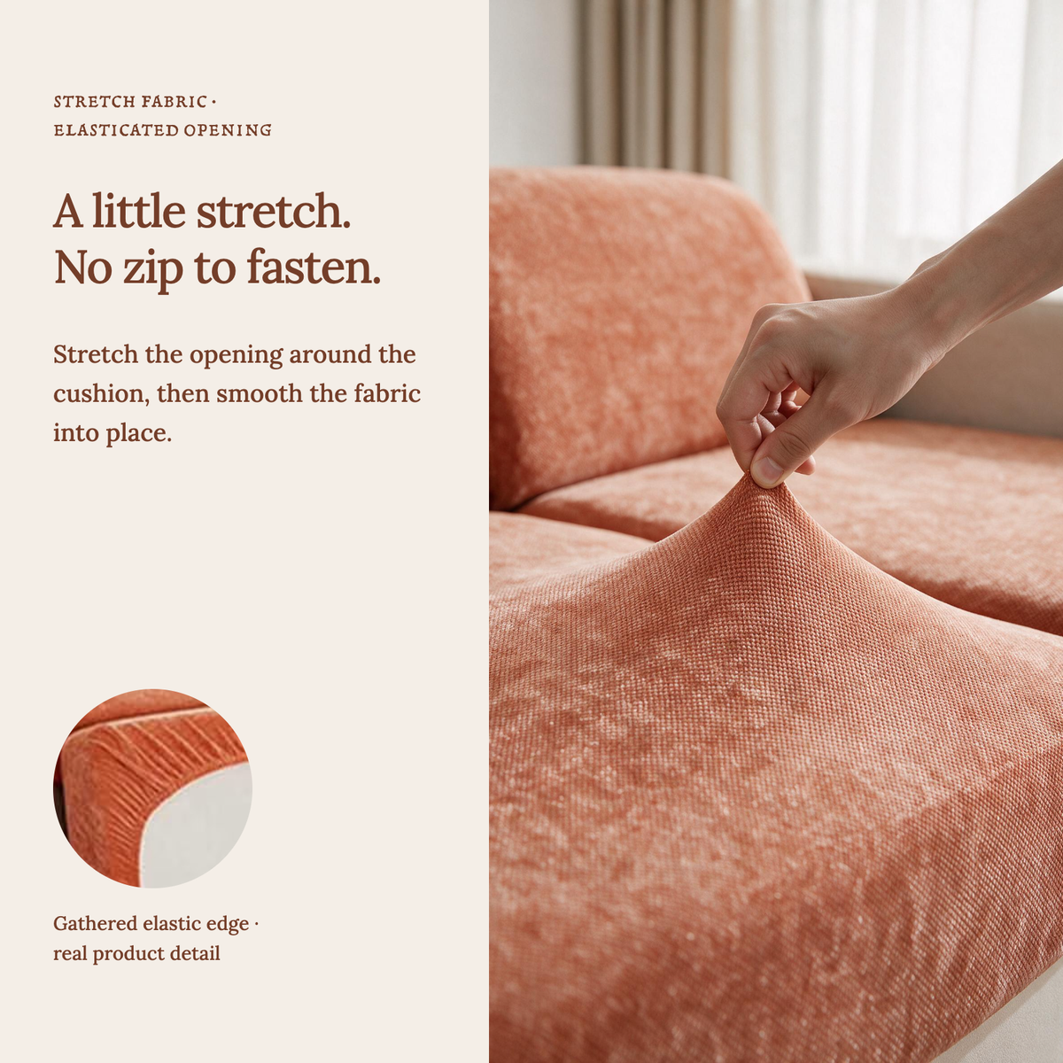 Housse de coussin de canapé Luma · Orange · Extensible — Un tissu extensible, sans fermeture éclair