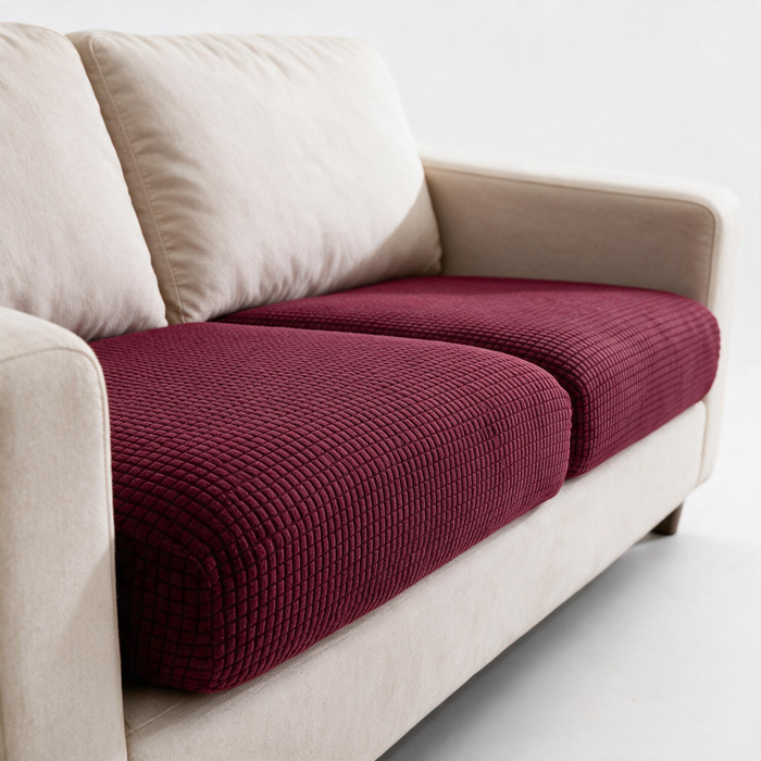 Housse de coussin de canapé Jacquard · Bordeaux · Extensible — Détail du tissu jacquard