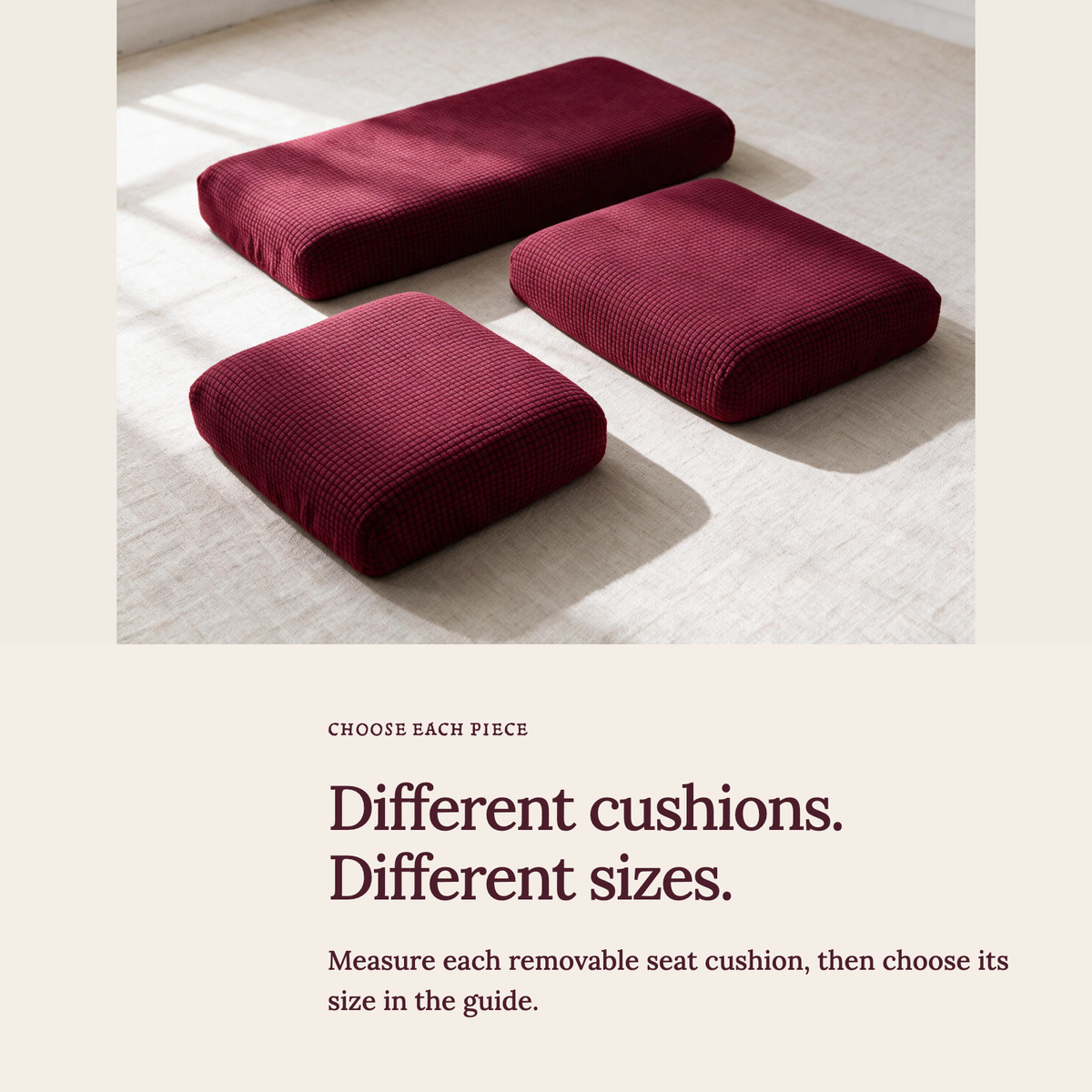 Housse de coussin de canapé Jacquard · Bordeaux · Extensible — Choisir la bonne taille
