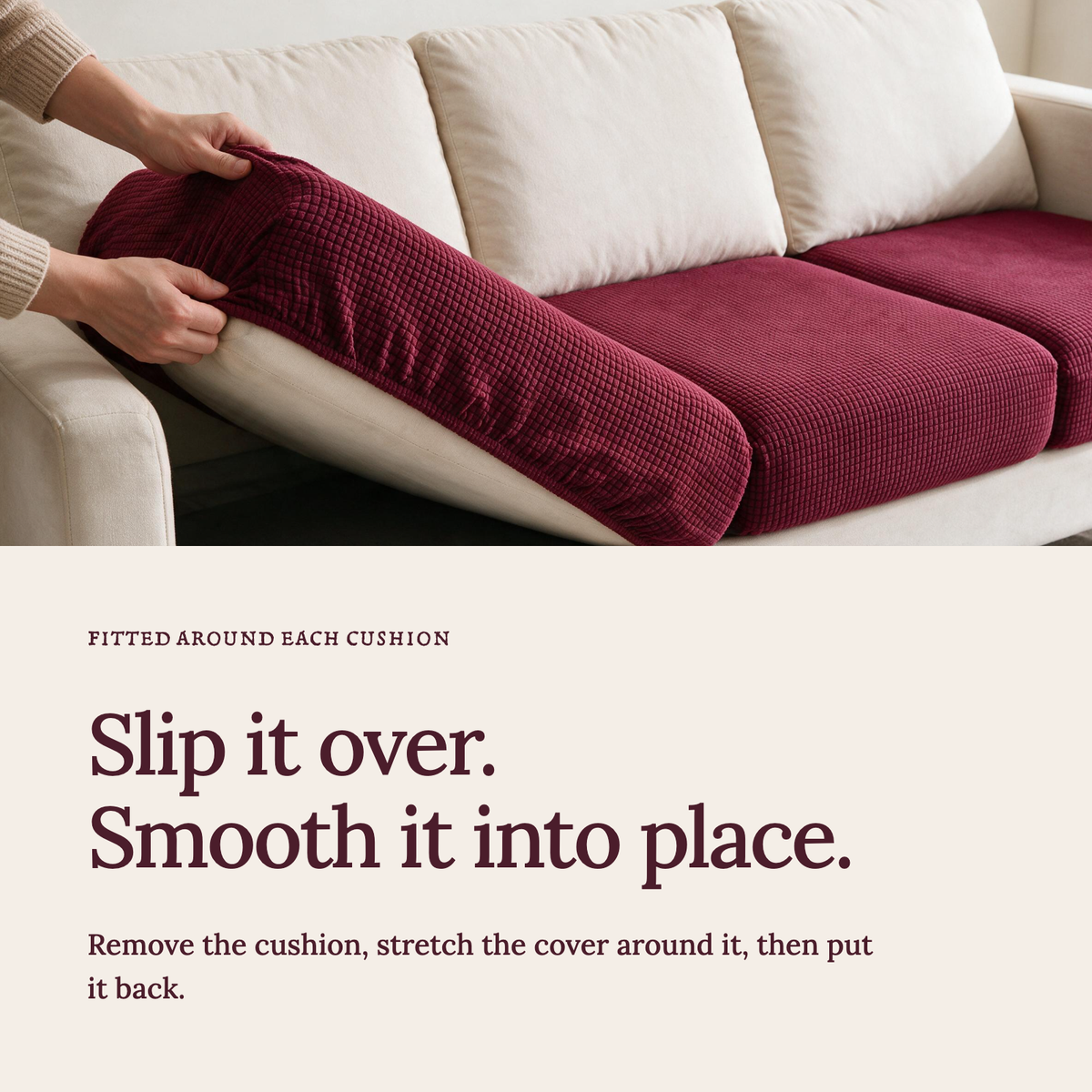 Housse de coussin de canapé Jacquard · Bordeaux · Extensible — Enfilez la housse et lissez le tissu